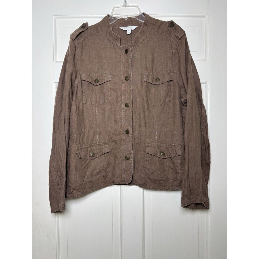 Relativity 100% Linen Brown Button Pop Collar Pockets Jacket Women’s XL